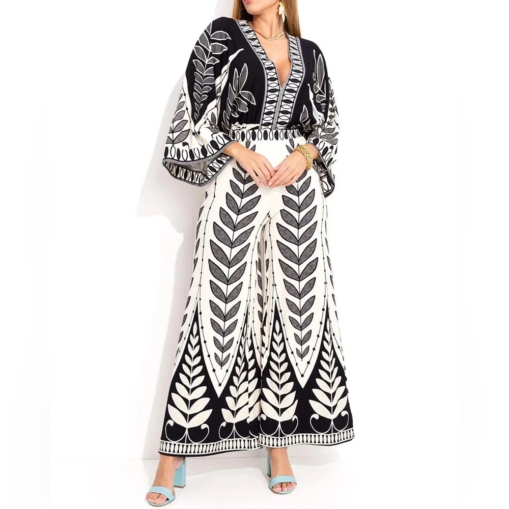 Farm Rio Black and White Leaf Jumpsuit- NWT- Small
